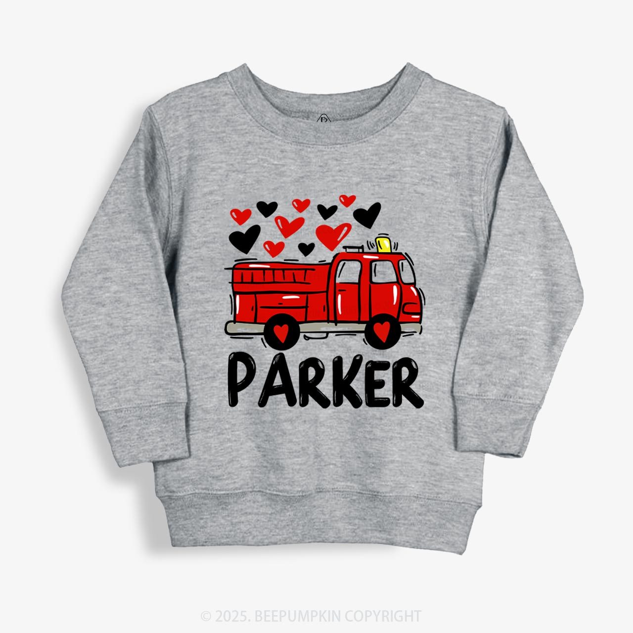 Personalized Name Fire Truck Valentine's Day Kid's Sweatshirt Sale-Beepumpkin™