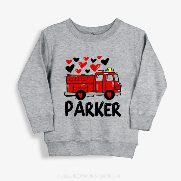 Personalized Name Fire Truck Valentine's Day Kid's Sweatshirt