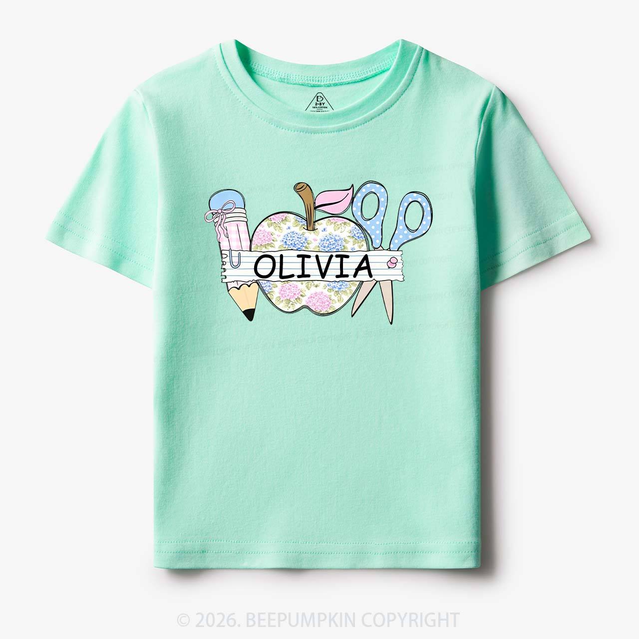 Personalized Name Preppy Floral Pencil Apple Scissors Toddler&Kid's Tees
