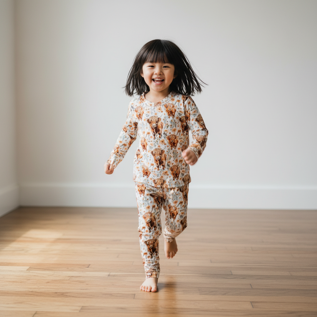 Highland Cows Floral Two-Piece Pajama Set For Kids
