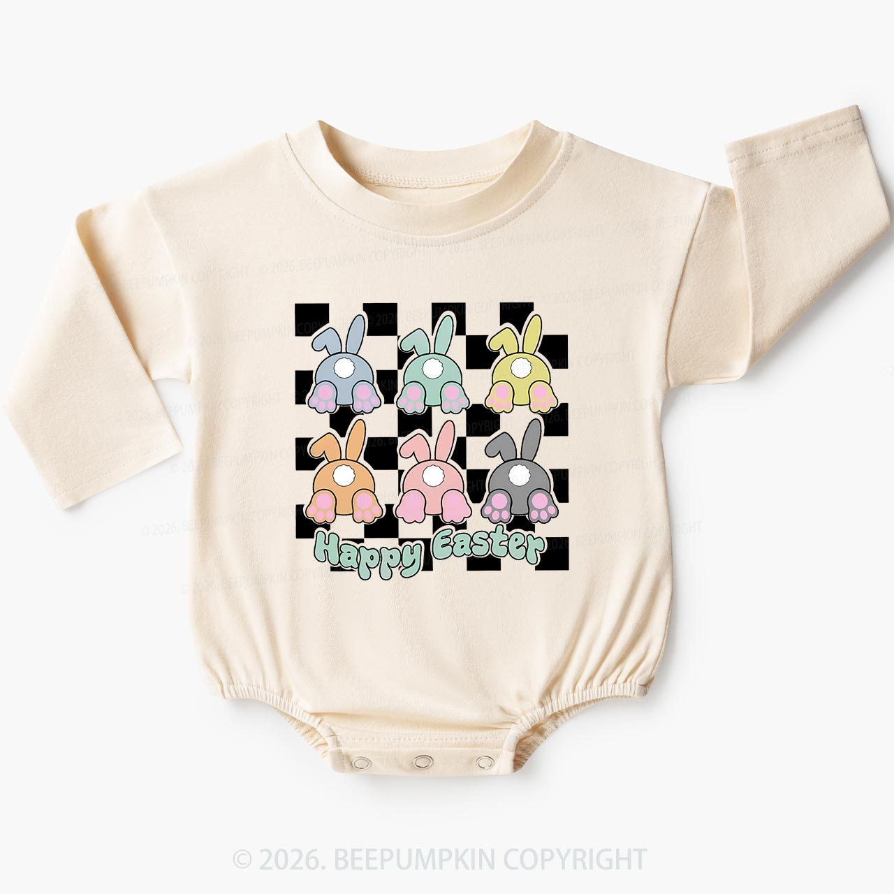 Happy Easter Bunnies Checkered Baby Bubble Romper