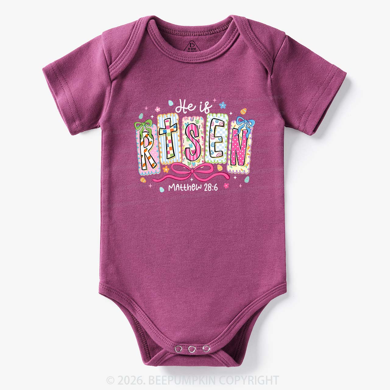 Easter Bow Lettering He Is Risen Baby Bodysuit