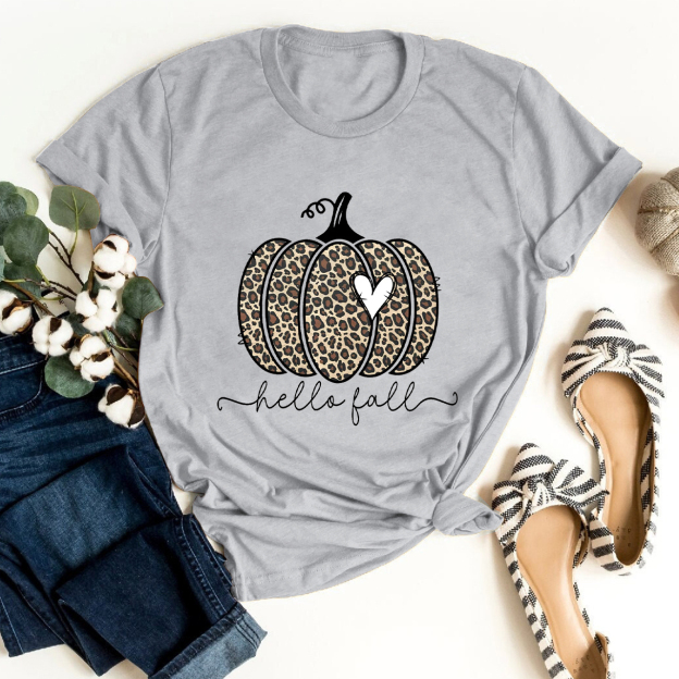  Hello Fall Leopard Print Pumpkin Shirt For Her