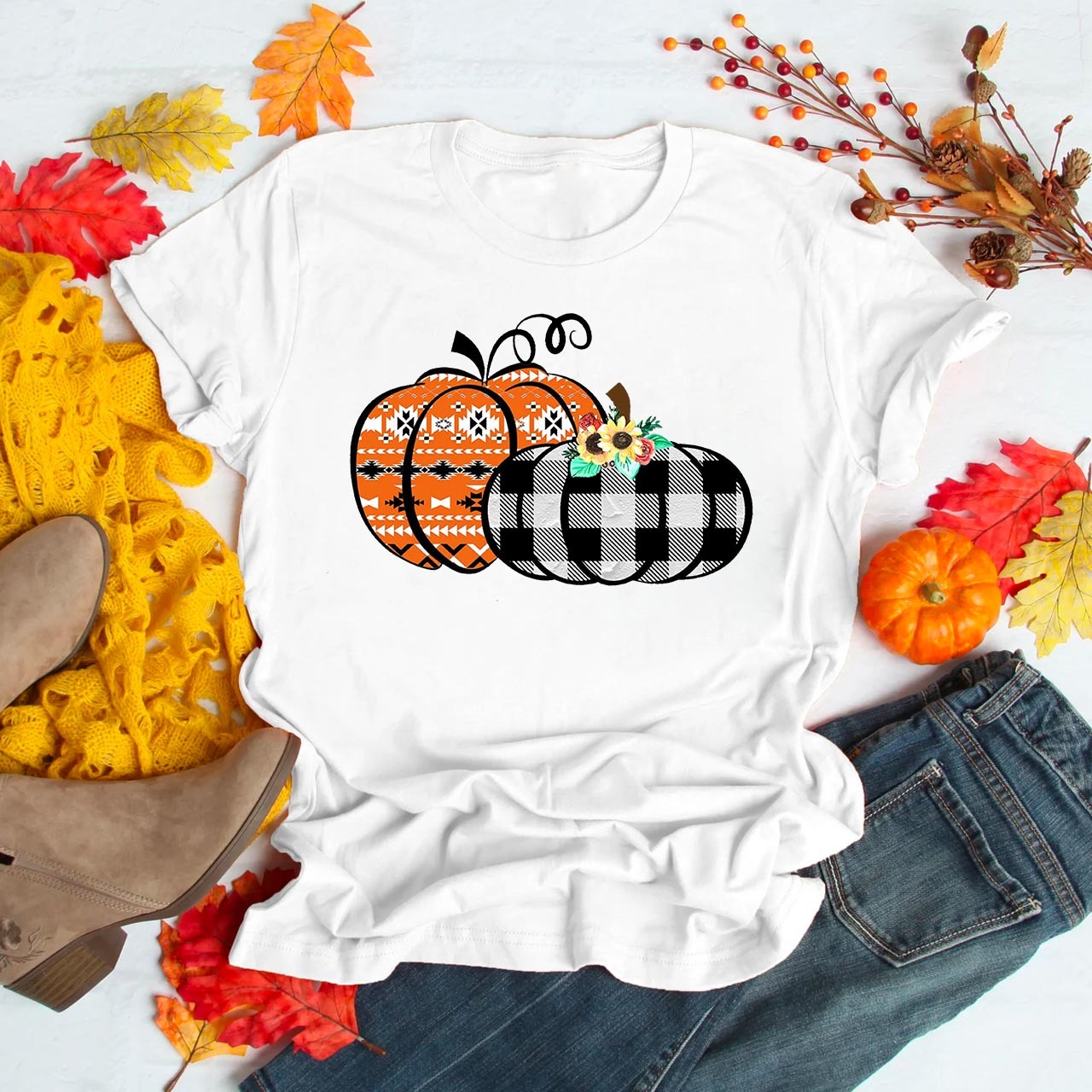 Cute Buffalo Plaid And Aztec Pumpkins Fall Tees