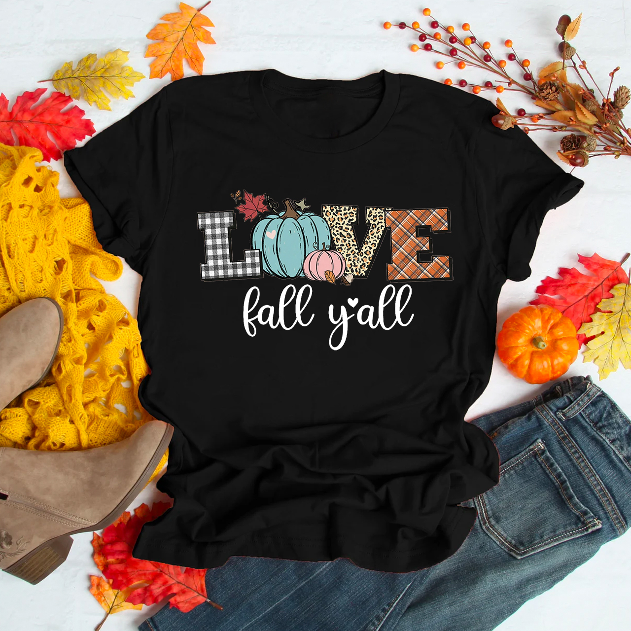 Love Fall Yall Leopard Print Fall Plaid Pumpkin Shirt 