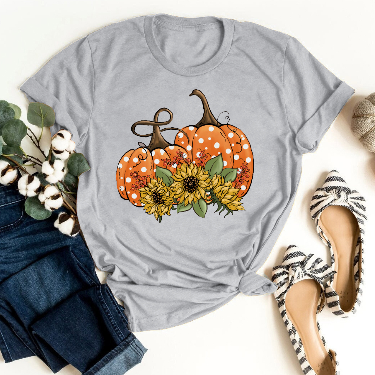 Polka Dot Pumpkins And Sunflowers Shirt For Her