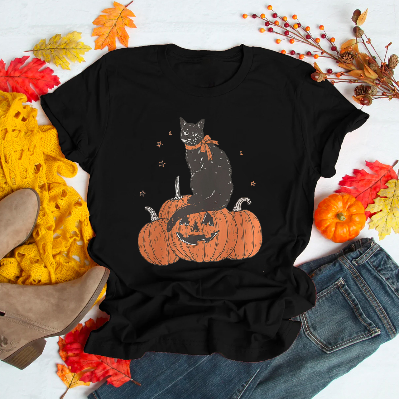 Black Cat on Pumpkin Shirt For Her