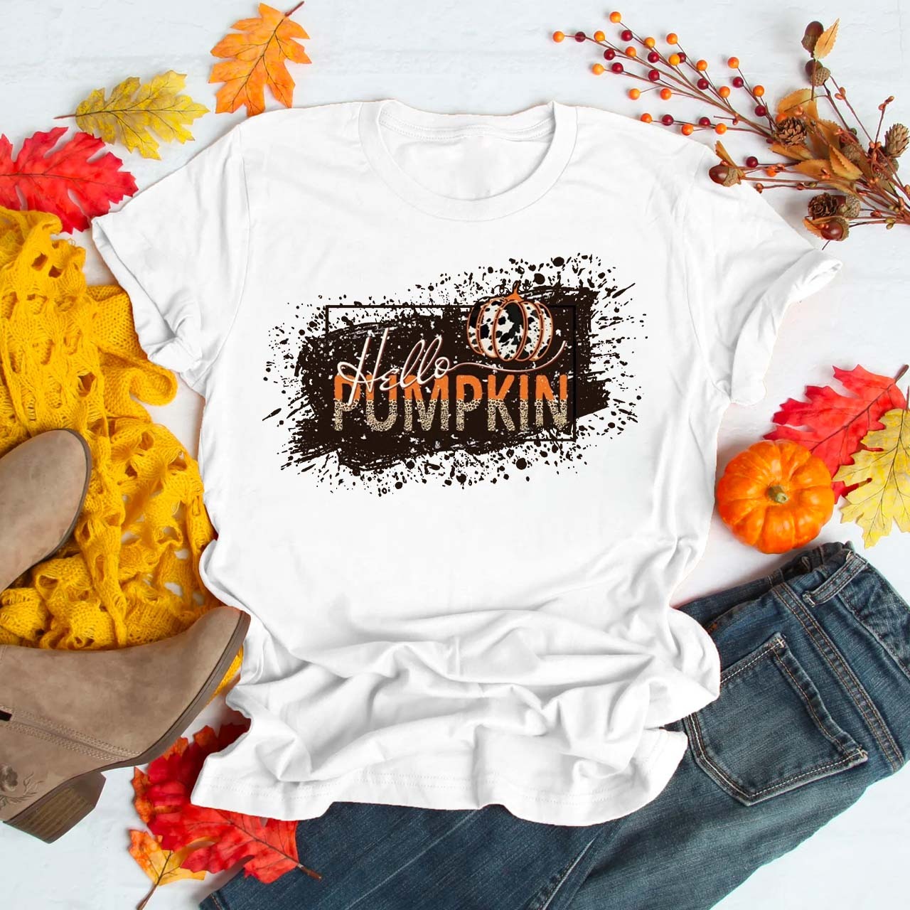  Hello Splatter Paint  Pumpkin Shirt For Her