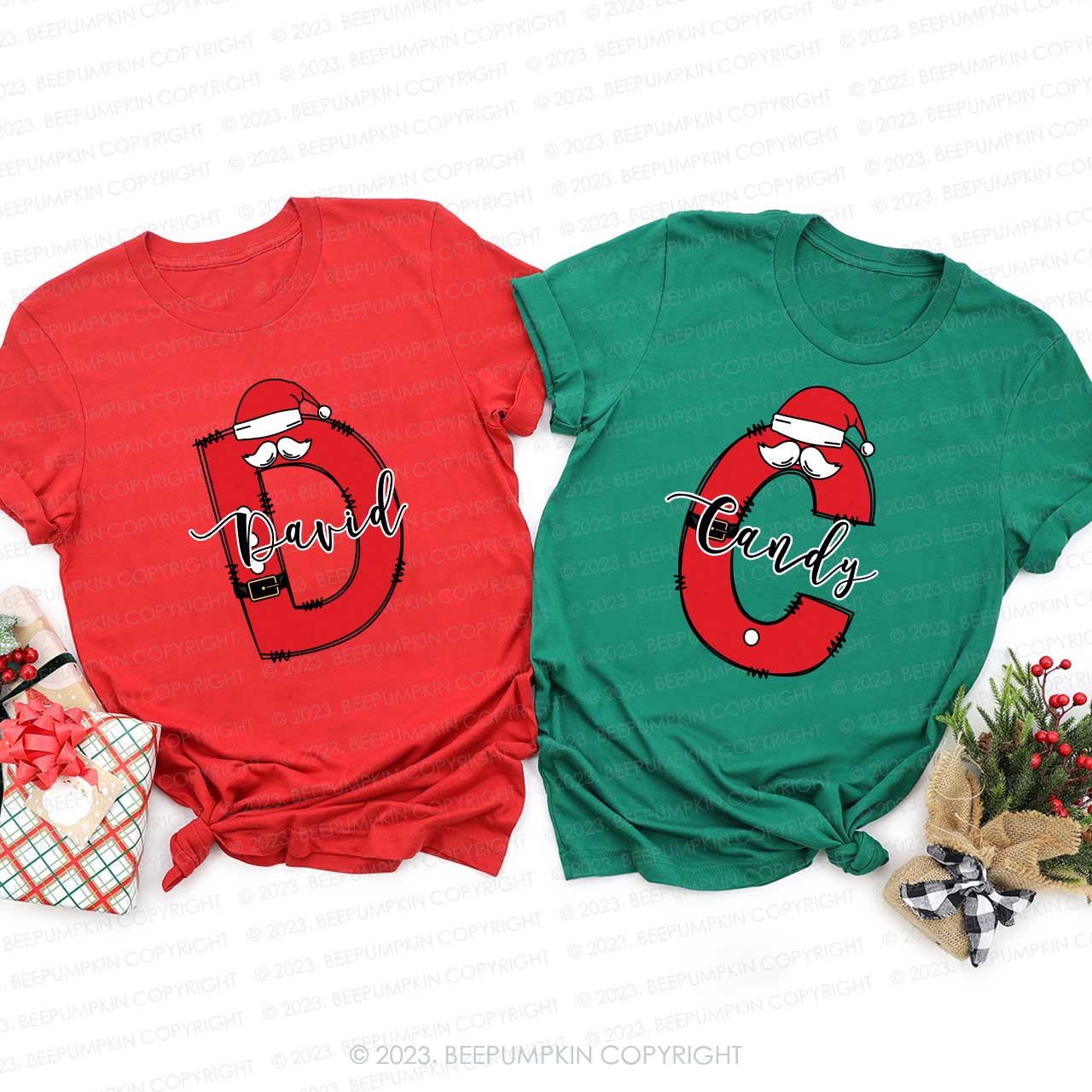 Santa Hat Christmas Monogram Family Matching Shirts Beepumpkin