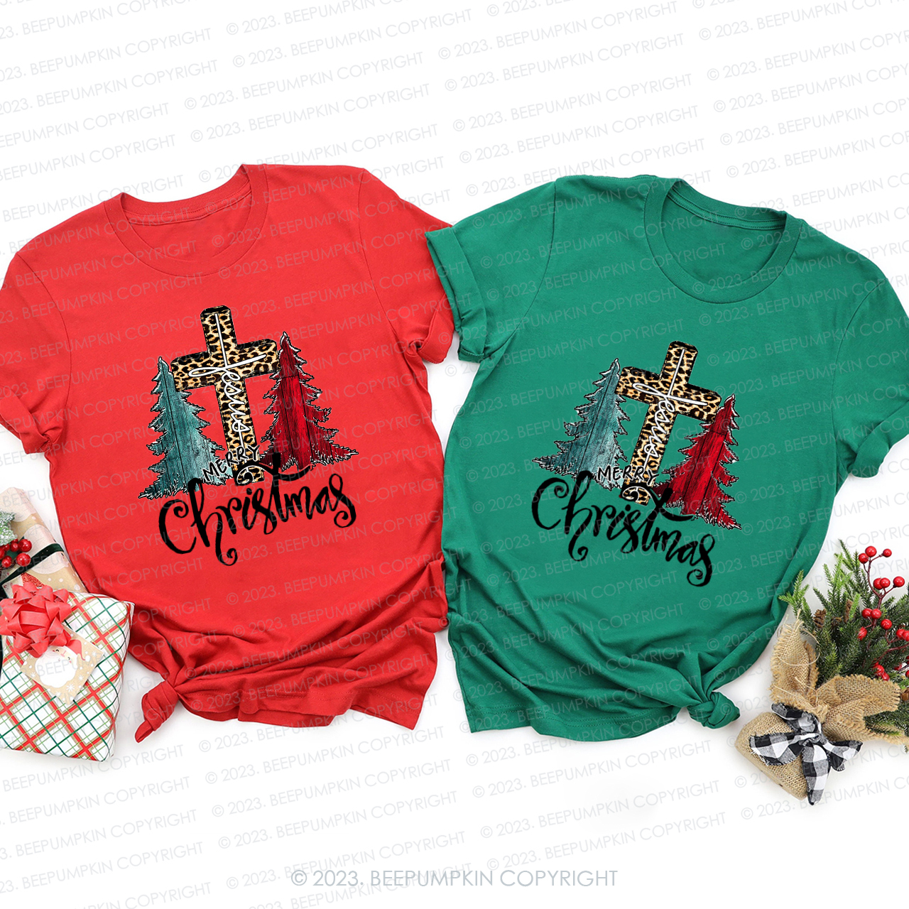 Christmas Trees and Jesus bless Us Matching Shirt For Family Beepumpkin