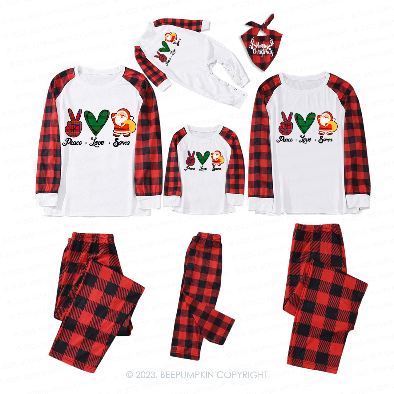 Christmas Peace Love and Santa  Matching Pajamas For Family Beepumpkin
