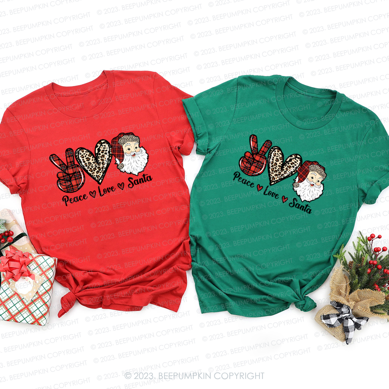 Christmas Peace Love Plaid Leopard Print Elements Matching Shirts Beepumpkin