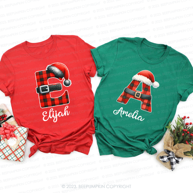 Personalized Reindeer Santa Claus Christmas Plaid Letters T-Shirts Beepumpkin