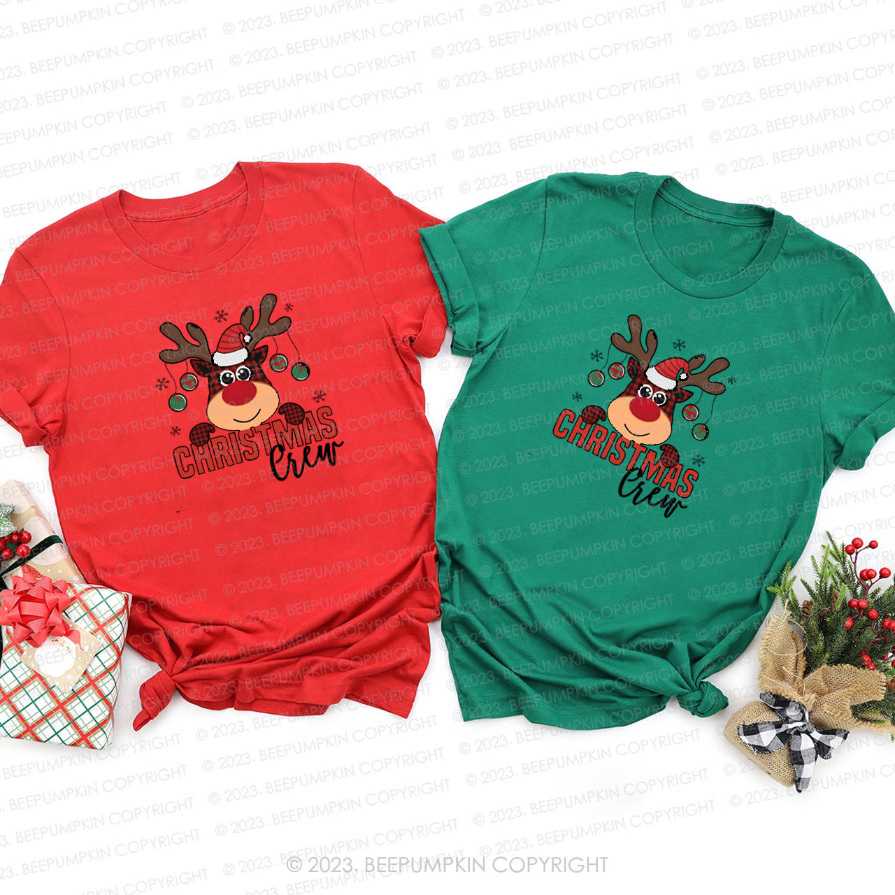 Cute Plaid Elk Christmas Crew Family Matching T-Shirts Beepumpkin