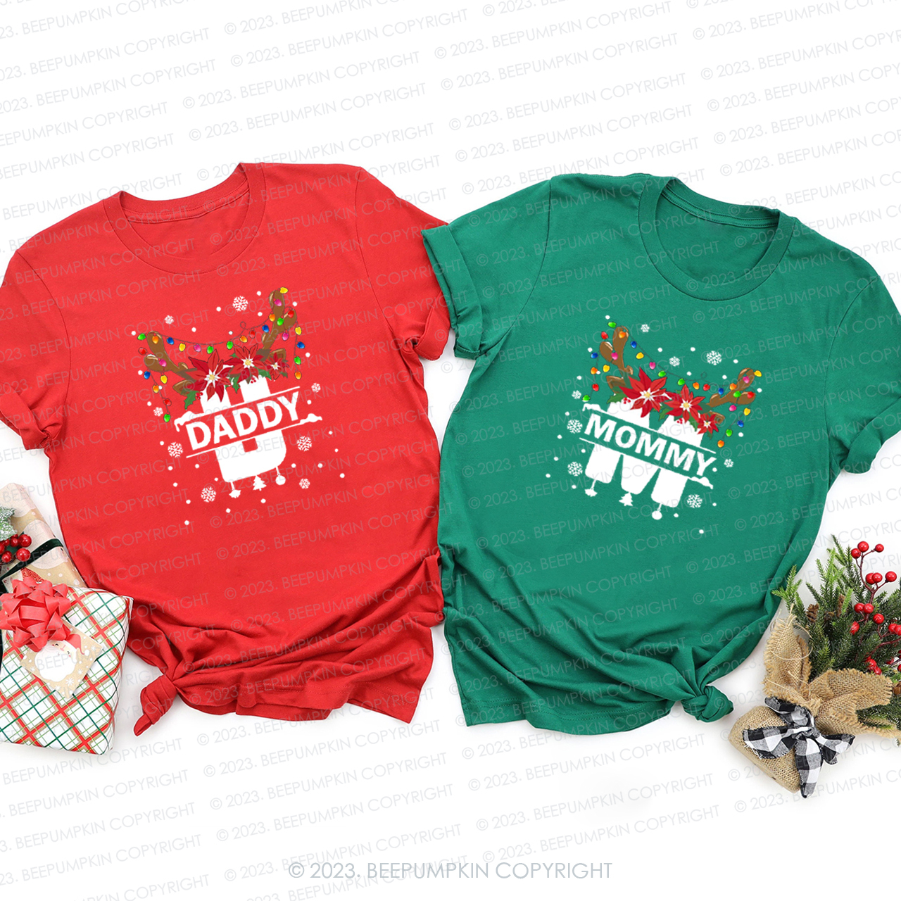Monogrammed Full of Christmas lights Antler Matching Family T-shirts Beepumpkin