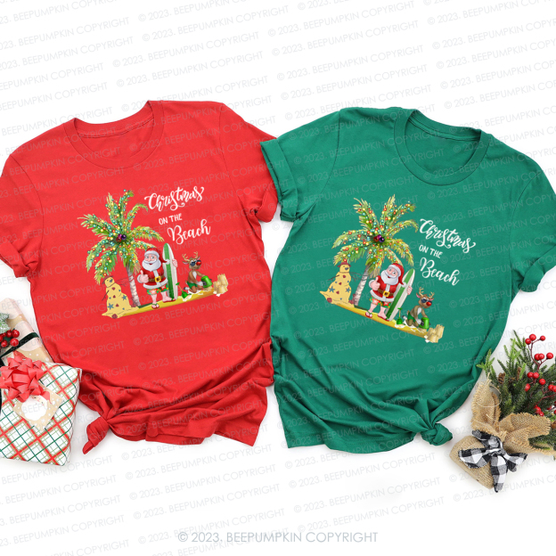 Santa With Elk Christmas On The Beach Matching Shirt
