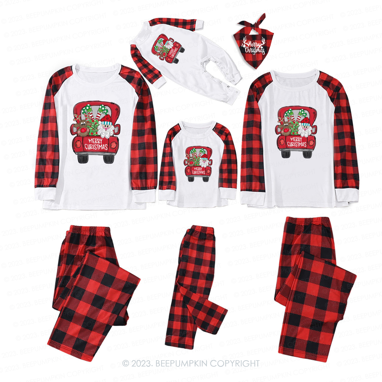 Santa Claus and Elk in Christmas Truck Matching Pajamas