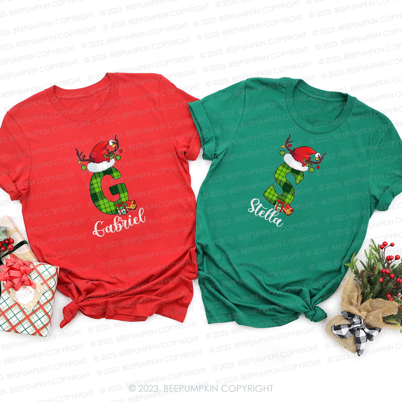 Mysterious Green Monogrammed Family Christmas Matching Shirts
