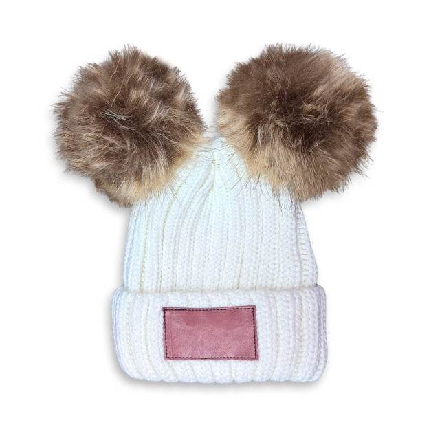 4 Colors Personalized Leather Patch Double PomPom Winter Hat