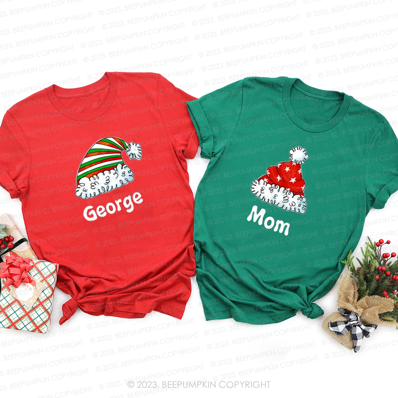 Personalized Cute Christmas Hat with Customized Name Matching Shirts