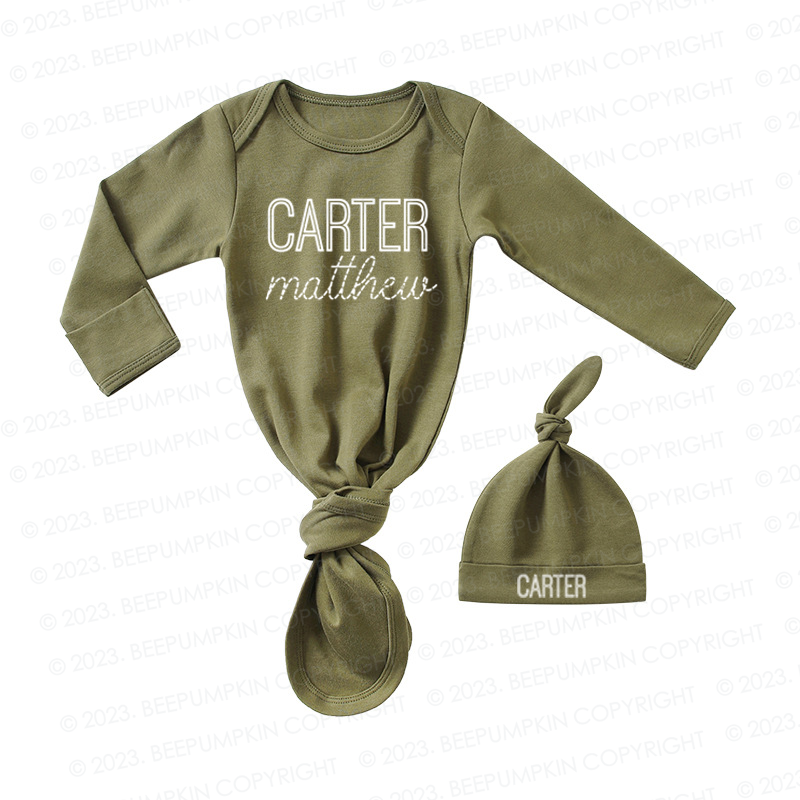 Personalized Gender Neutral Baby Knotted Gown&Hat Coming Home Outfit