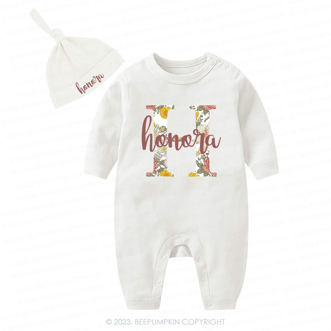 Personalized Baby Girl Vintage Floral Romper And Hat Set
