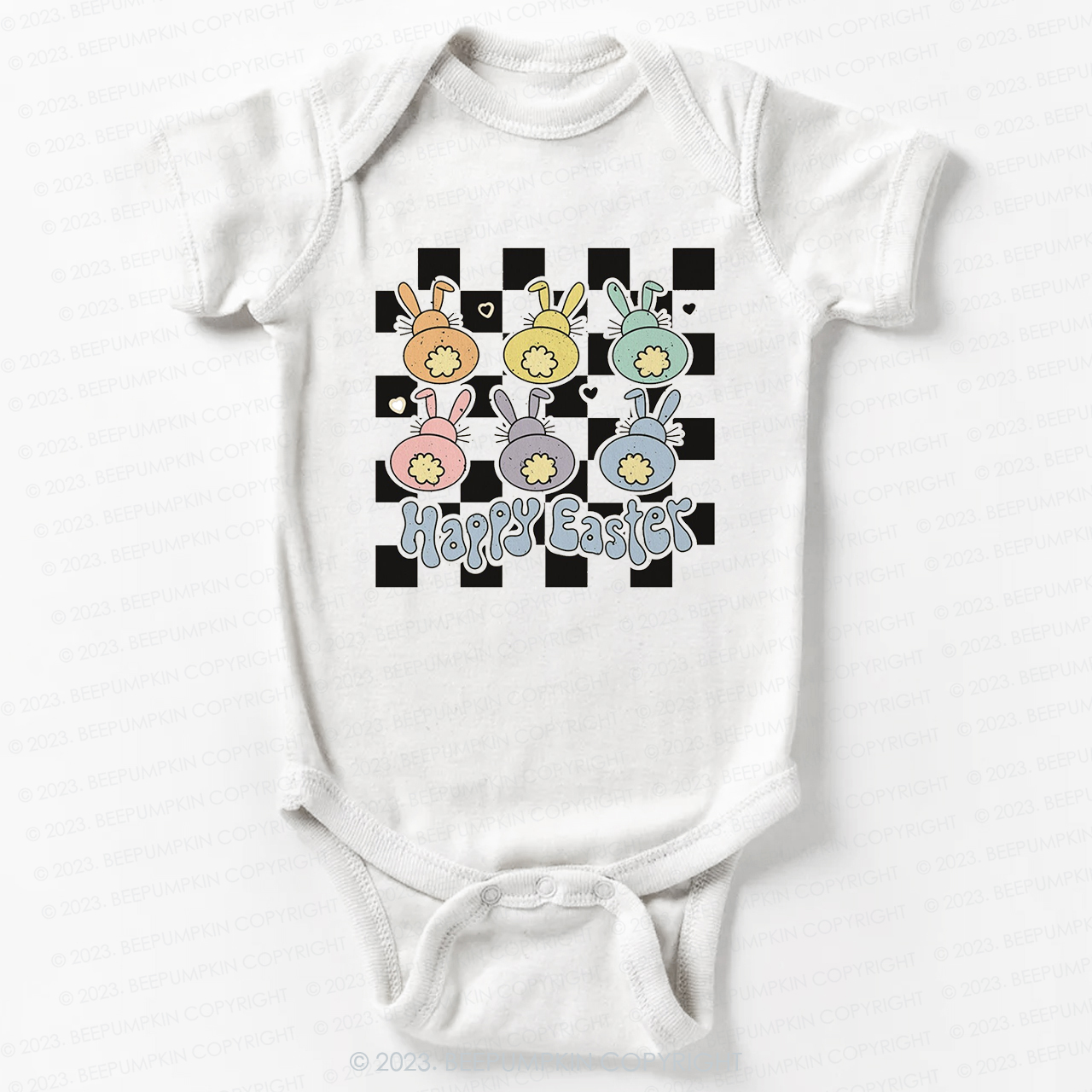 Happy Easter Checkered Bunnies Bodysuit For Baby