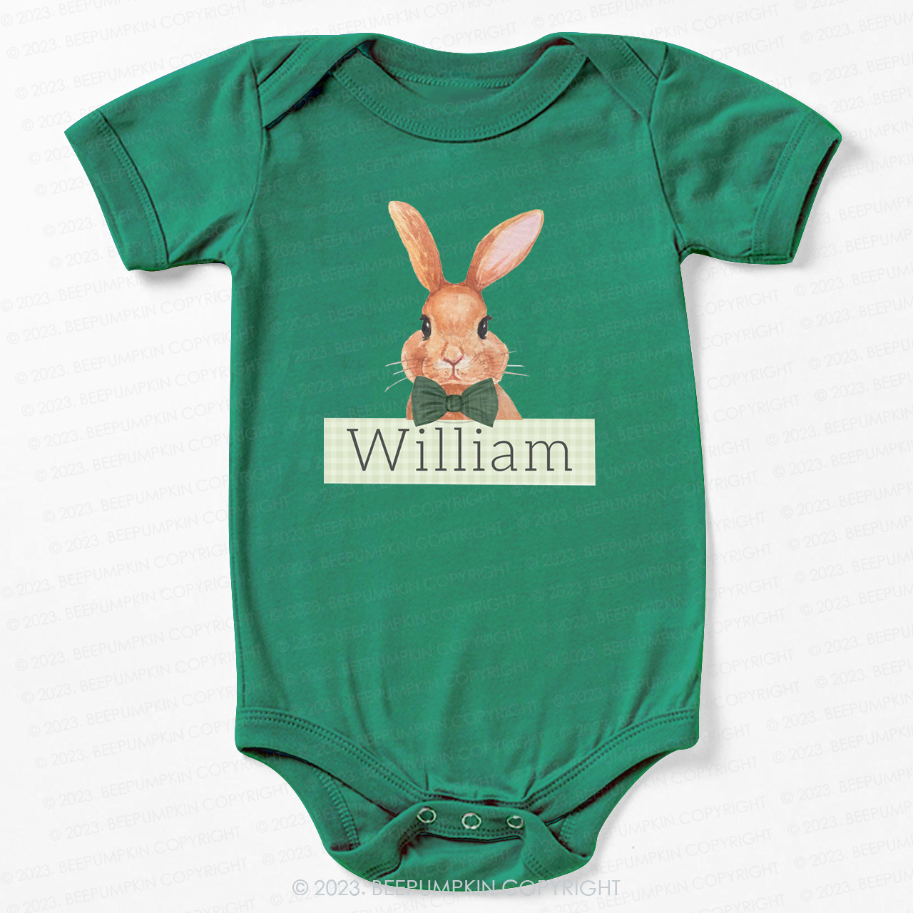 Easter Bunny Green Gingham Name Bodysuit For Baby