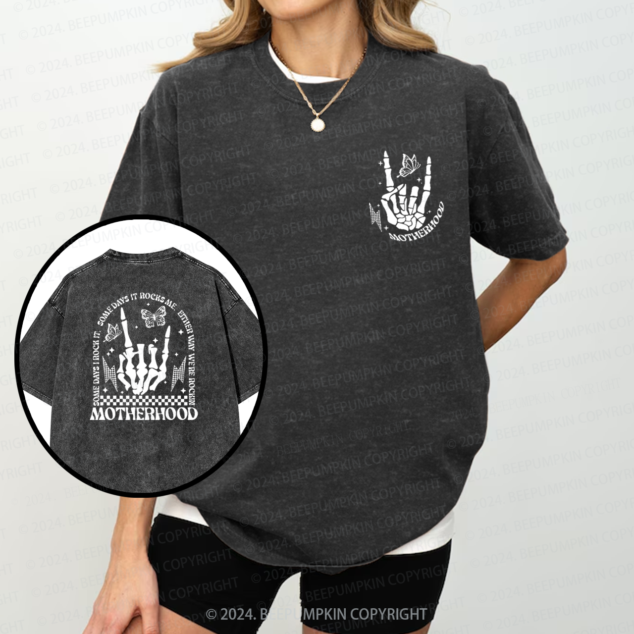 Motherhood Rock Skeleton Mama Washed Tees