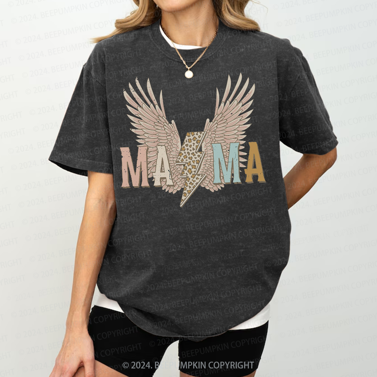 Distressed Wings Leopard Bolt Mama Washed Tees