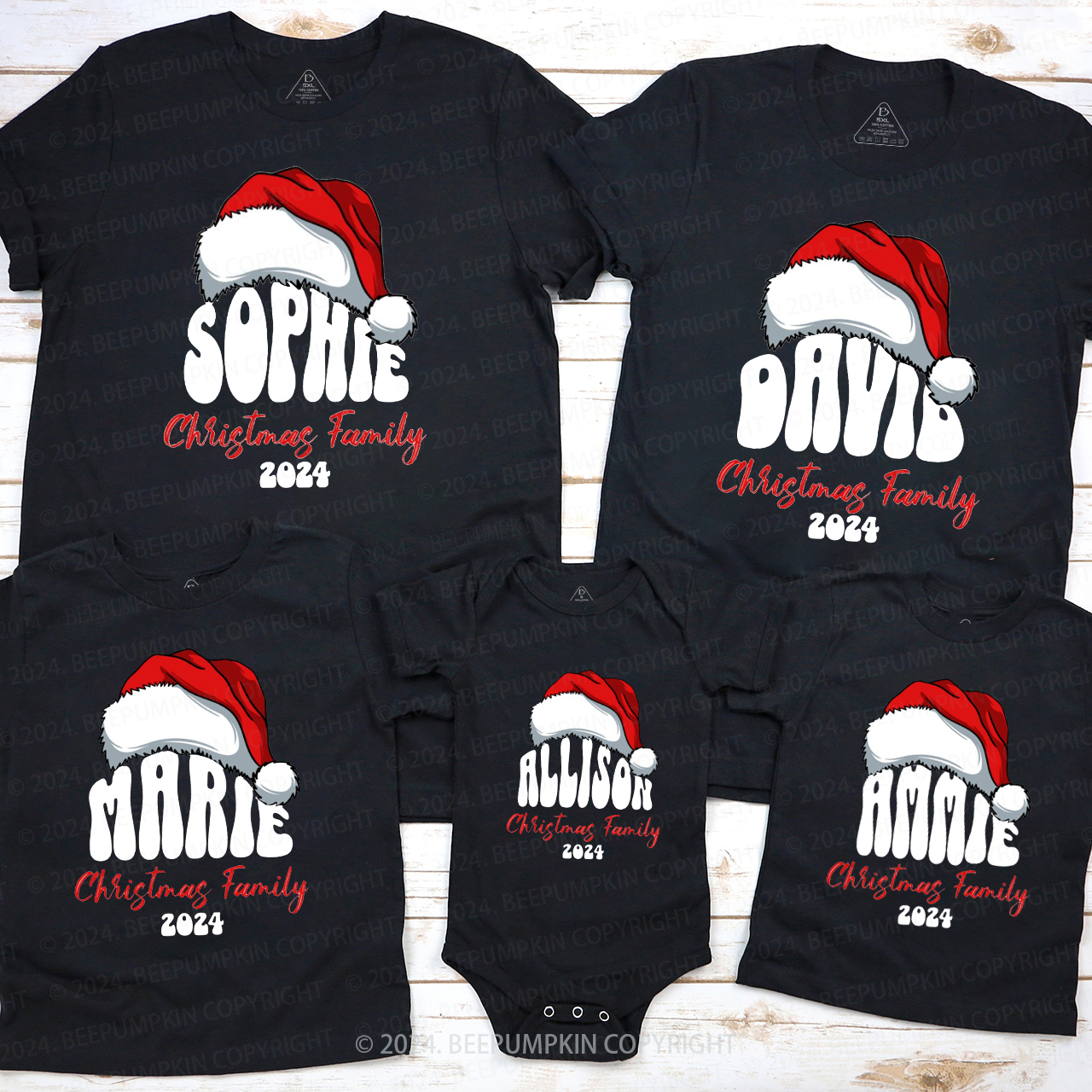Personalized Red Hat And Name Christmas Matching T-Shirts