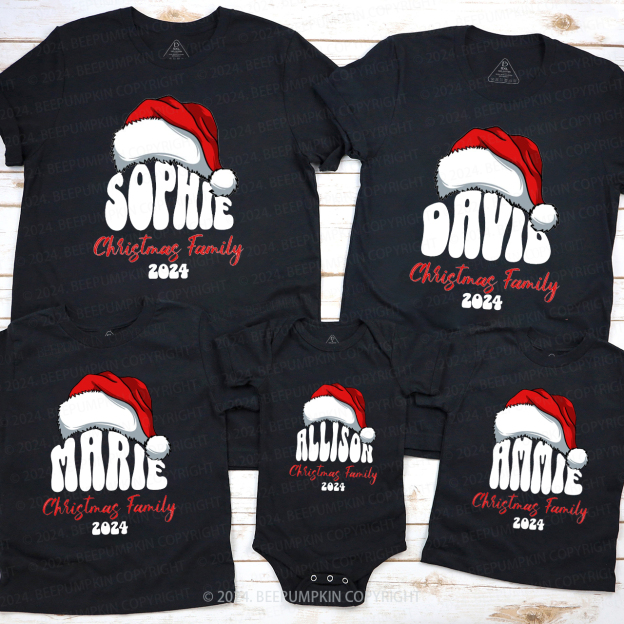 Personalized Red Hat And Name Christmas Matching T-Shirts