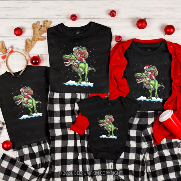Santa Riding Dinosaur Family Matching T-Shirts