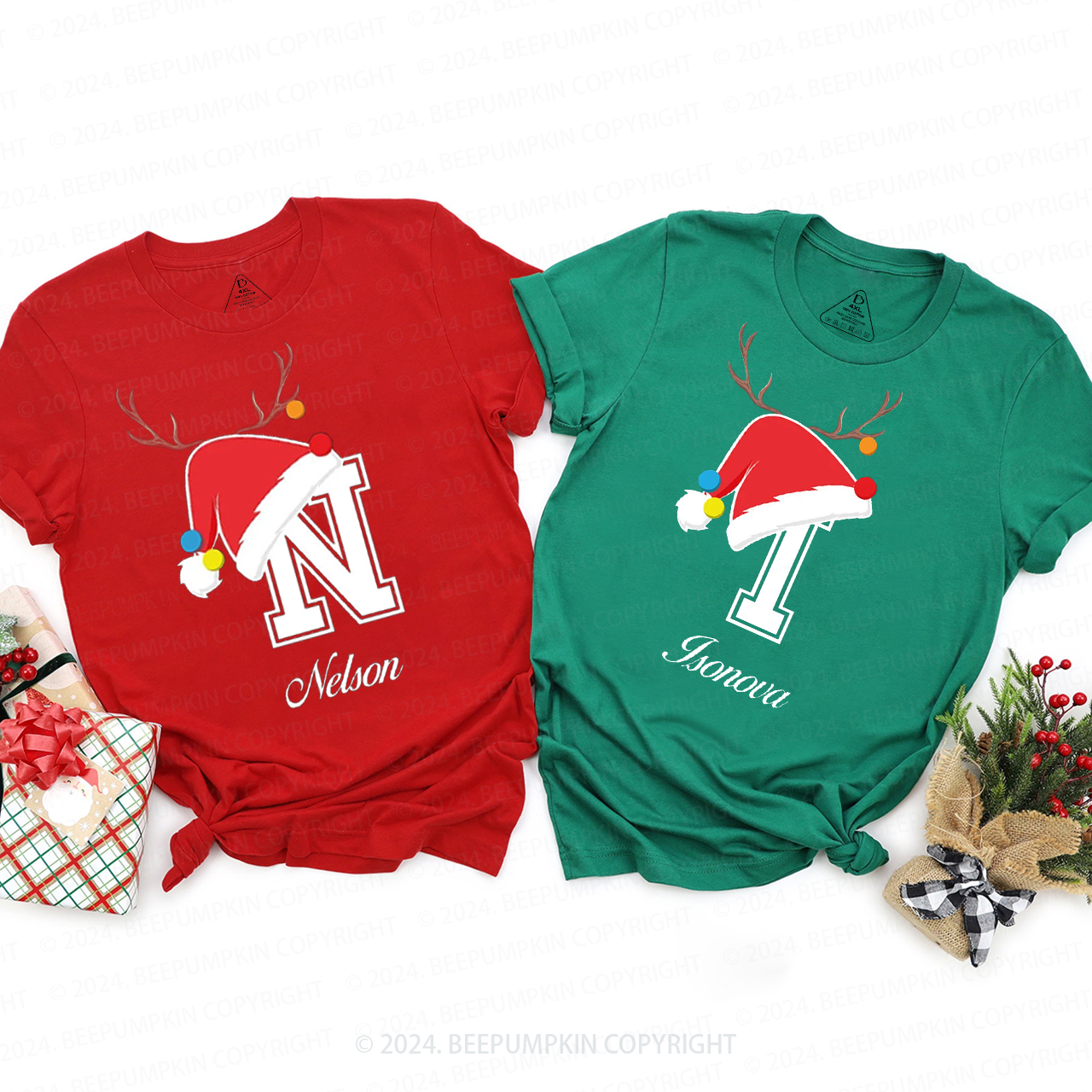 Personalized Christmas Hat Name Initial Family Matching T-Shirts Beepumpkin