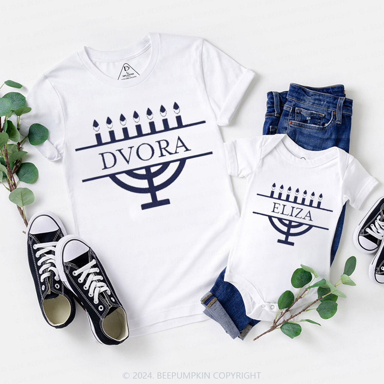 Personalized Menorah Family Hanukkah Family Matching T-Shirts