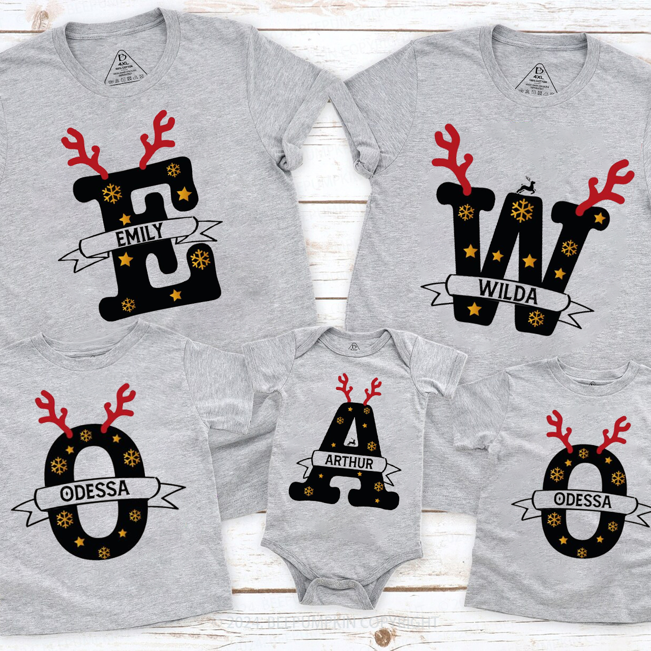 Personalized Antlers And Golden Snowflakes Christmas Matching T-Shirts Beepumpkin