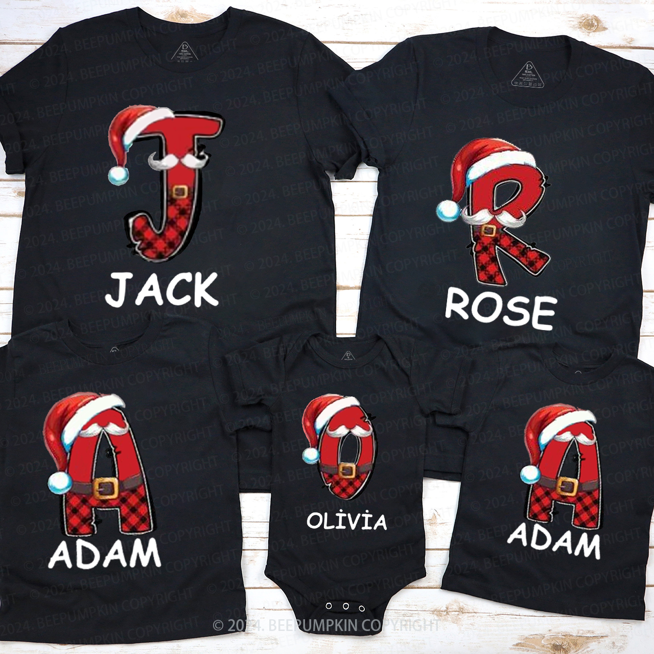 Personalized Plaid Name And Santa Hat Matching T-Shirts Beepumpkin