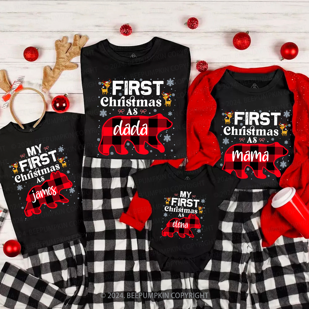 Personalized First Christmas Bear Buffalo Plaid Family Matching T-Shirts Beepumpkin