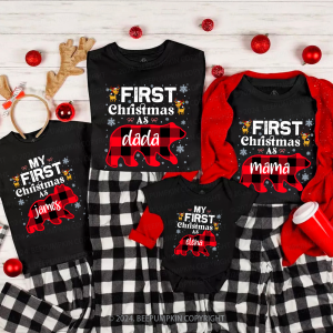 Image of Personalized First Christmas Bear Buffalo Plaid Family Matching T-Shirts Beepumpkin