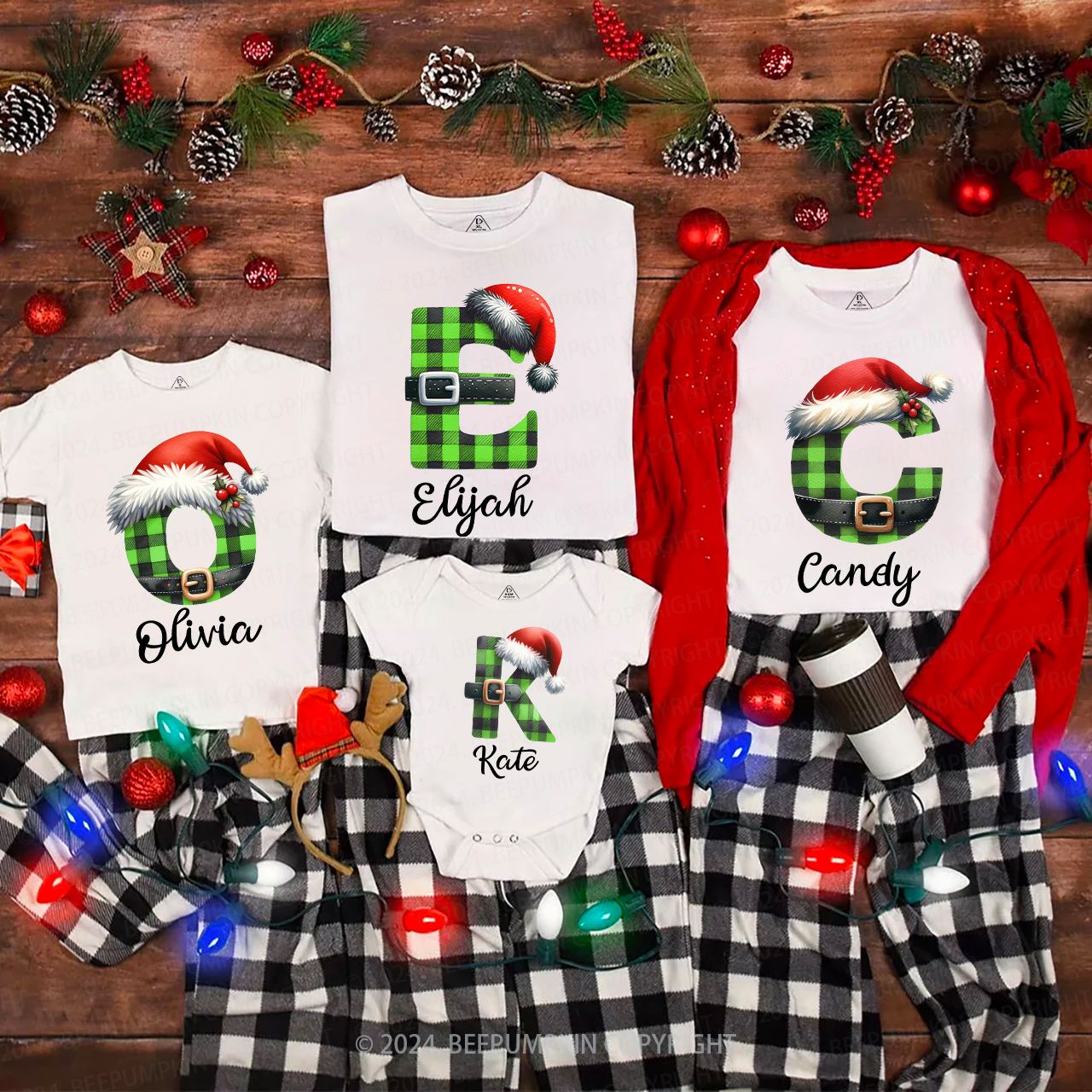 Personalized Green Plaid Letter Christmas Family Matching T-Shirts Beepumpkin