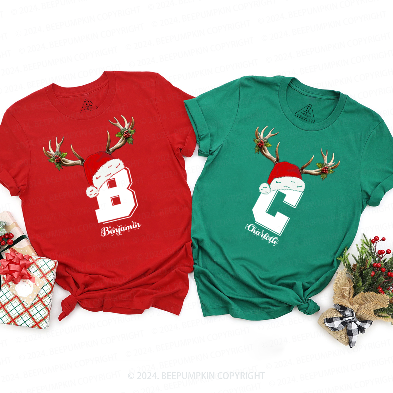 Personalized Deer Antler Name Monogram Christmas Family Matching T-Shirts Beepumpkin