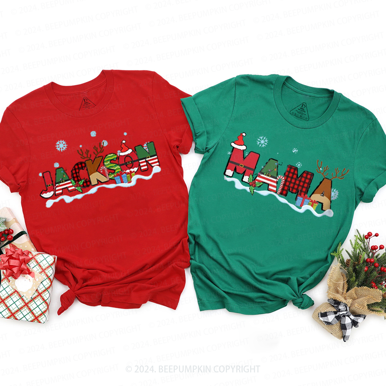 Personalized Reindeer Letters Christmas Family Matching T-Shirts Beepumpkin
