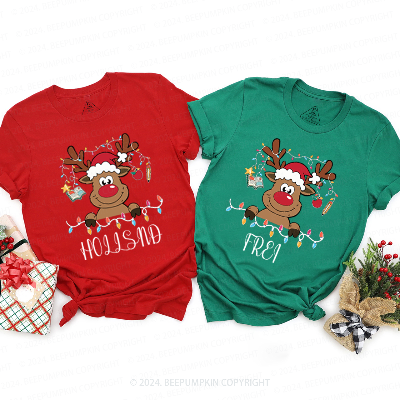 Personalized Reindeer Teacher Name Christmas Family Matching T-Shirts Beepumpkin