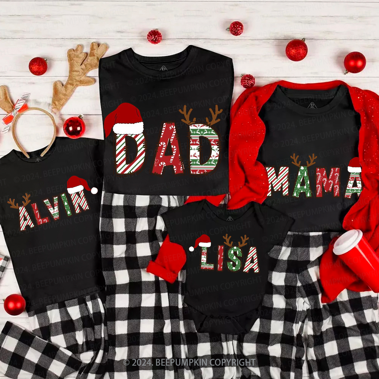 Personalized Reindeer Letters Family Matching T-Shirts Beepumpkin