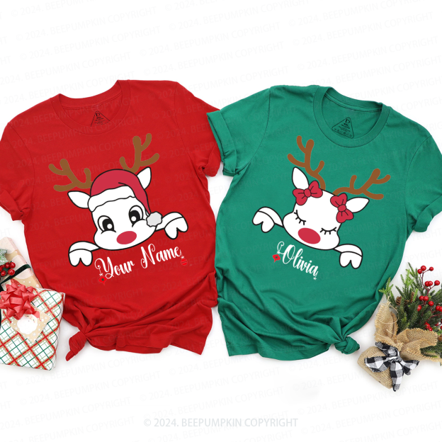 Personalized Christmas Reindeer With Santa Hat Family Matching T-Shirts Beepumpkin
