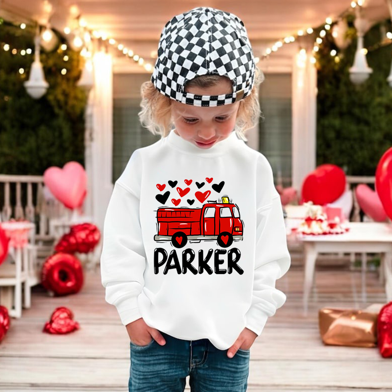 Fire Truck Valentine's Day Kid's Sweatshirt