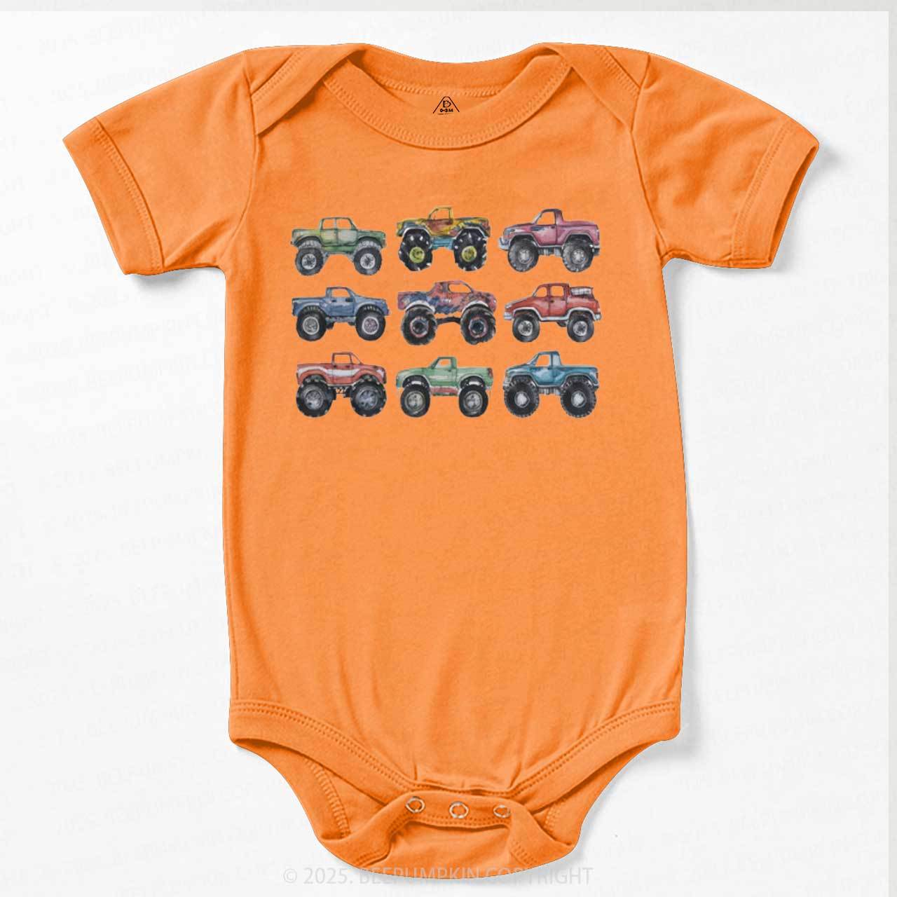 Retro Monster Trucks In A Row Bodysuit Beepumpkin
