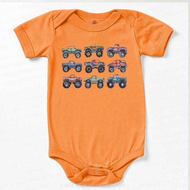 Retro Monster Trucks In A Row Bodysuit Beepumpkin
