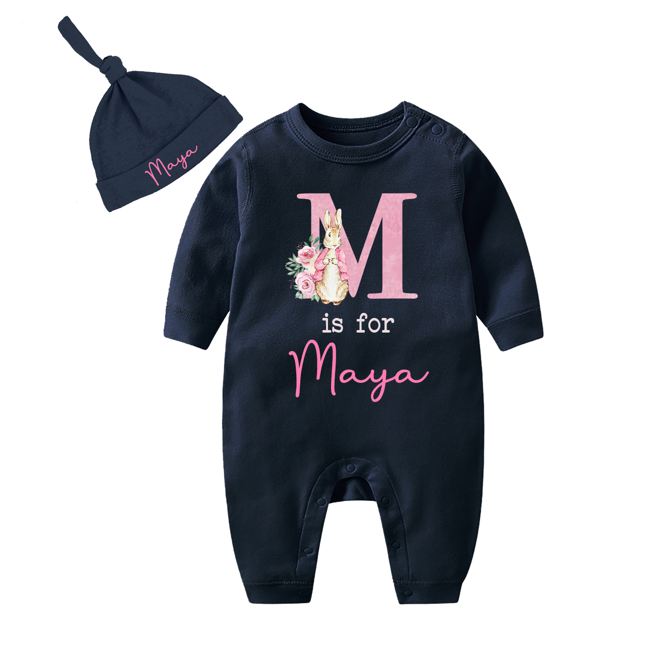 Personalized Pink Rabbit Romper And Hat Set