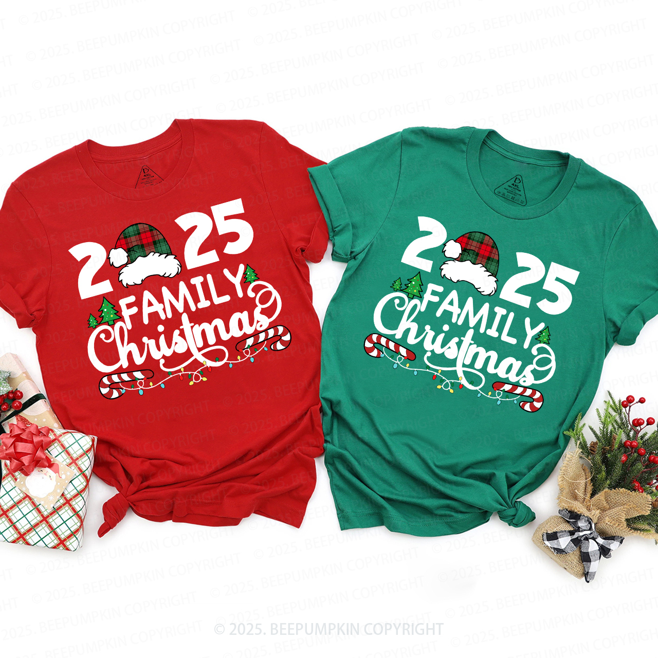 Family Christmas 2025 Plaid Hat Matching T-Shirts Beepumpkin